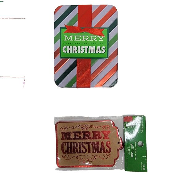 4ct Striped Christmas Gift bags 1 Tin Gift Card Holder W/ 10 Ct. Gift Tags - Picture 3 of 3